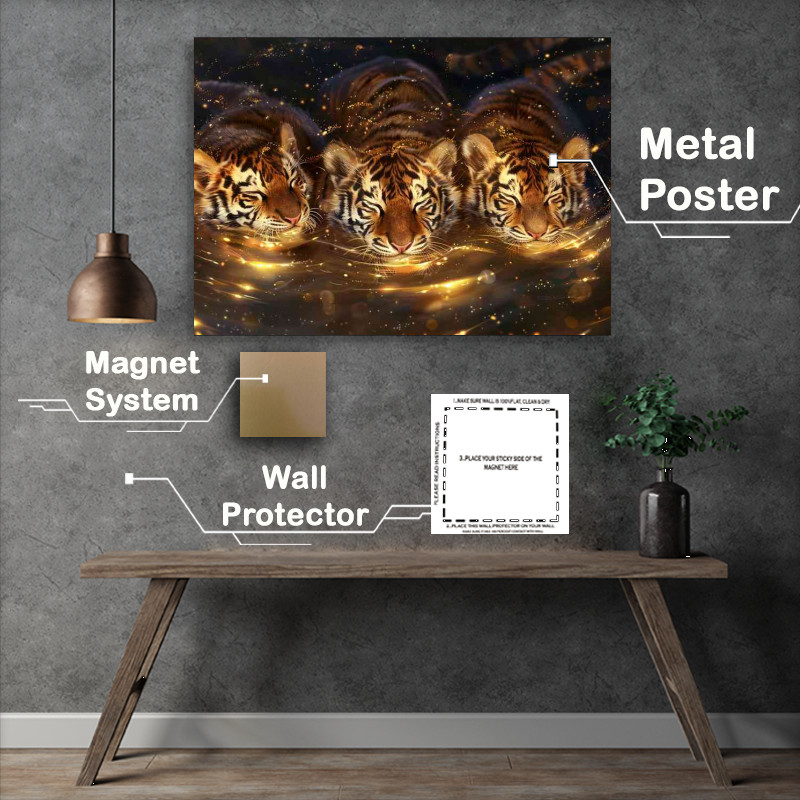 Buy Metal Poster : (Three tiger babies are floating in some golden water)