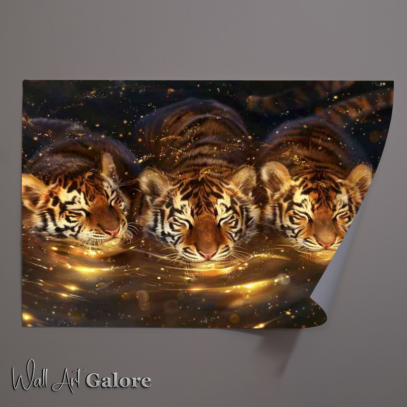 Buy Unframed Poster : (Three tiger babies are floating in some golden water)