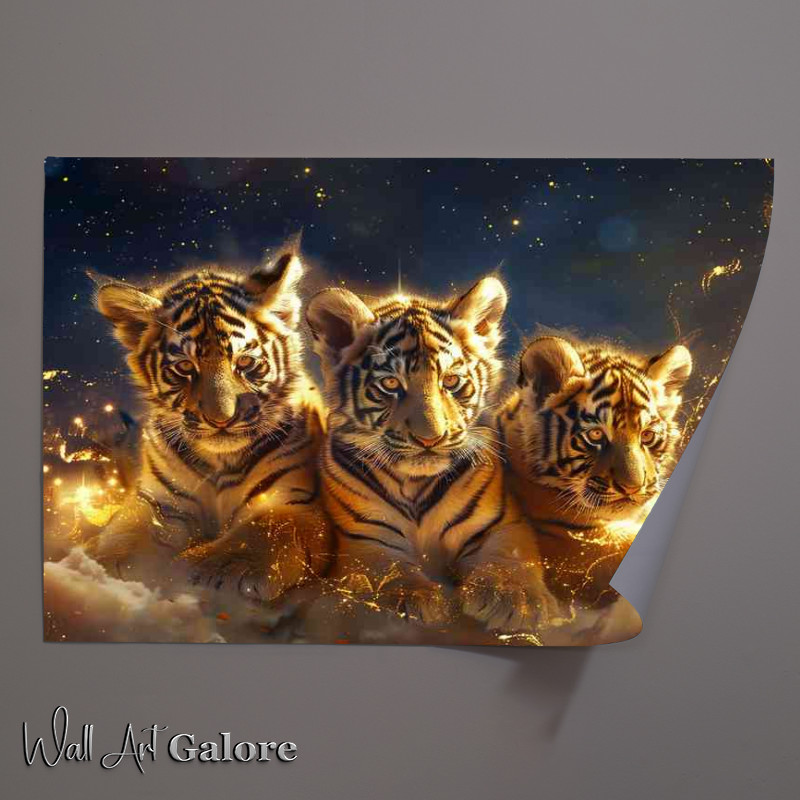Buy Unframed Poster : (Tiger cubs in golden light in the night sky)