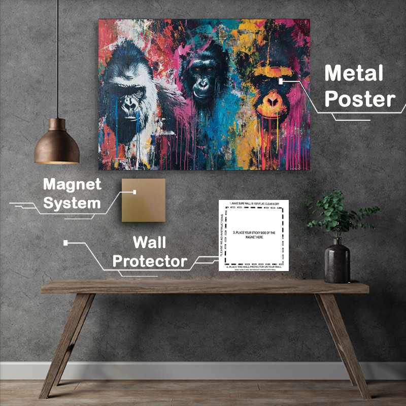 Buy Metal Poster : (Trio of gorillas in a splashed art style)