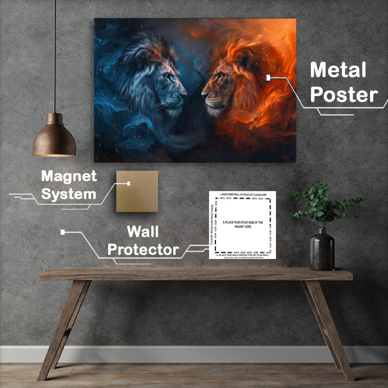 Buy Metal Poster : (Two Majestic Lions embraced in clouds)