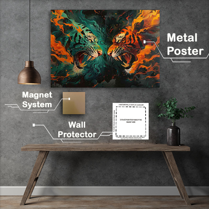 Buy Metal Poster : (Two Tigers facing each other orange and green)