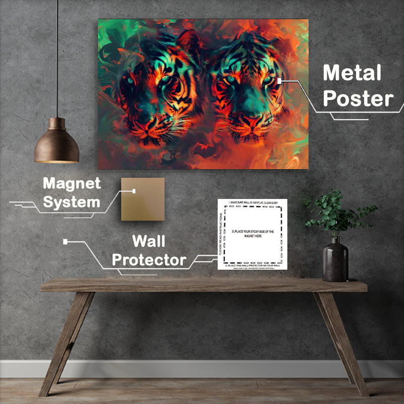 Buy Metal Poster : (Two Tigers in flames with blue eyes)