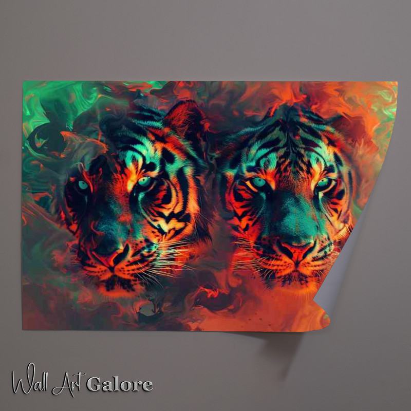 Buy Unframed Poster : (Two Tigers in flames with blue eyes)
