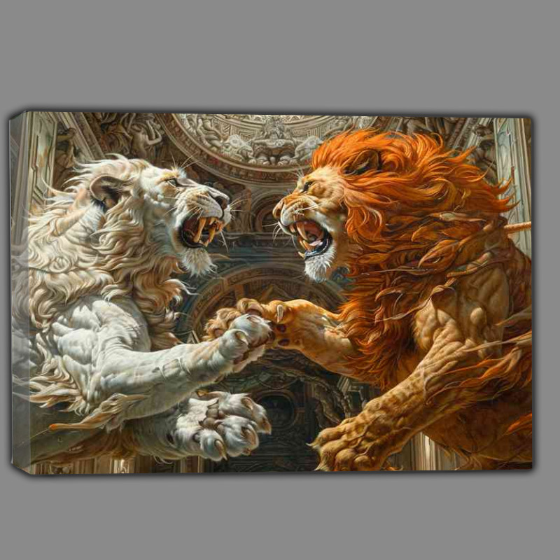Buy Canvas : (Two big Lions fighting inside an ancient temple)