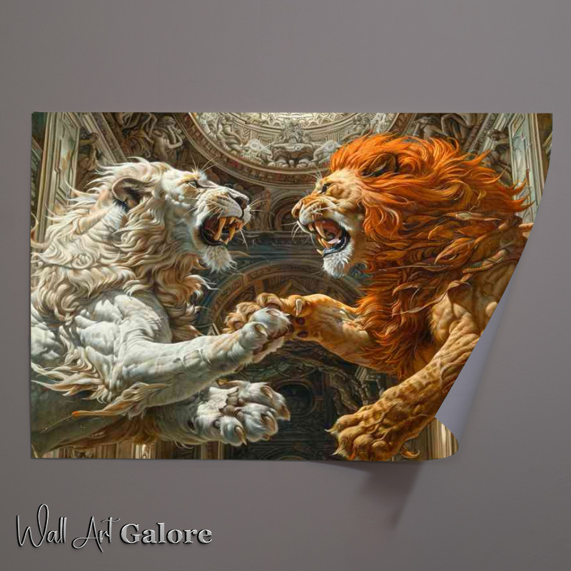 Buy Unframed Poster : (Two big Lions fighting inside an ancient temple)