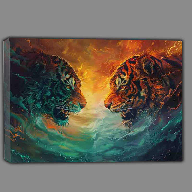 Buy Canvas : (Two monster tigers facing each other in a storm)