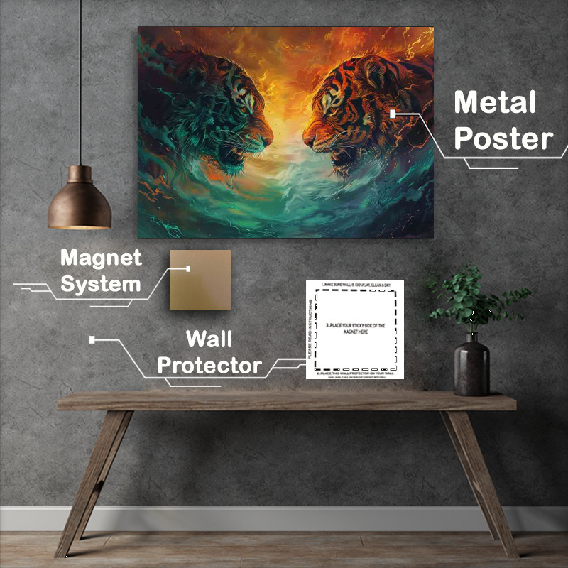 Buy Metal Poster : (Two monster tigers facing each other in a storm)