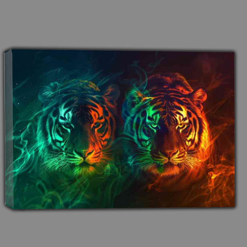 Buy Canvas : (Two tigers in fire and green are standing)