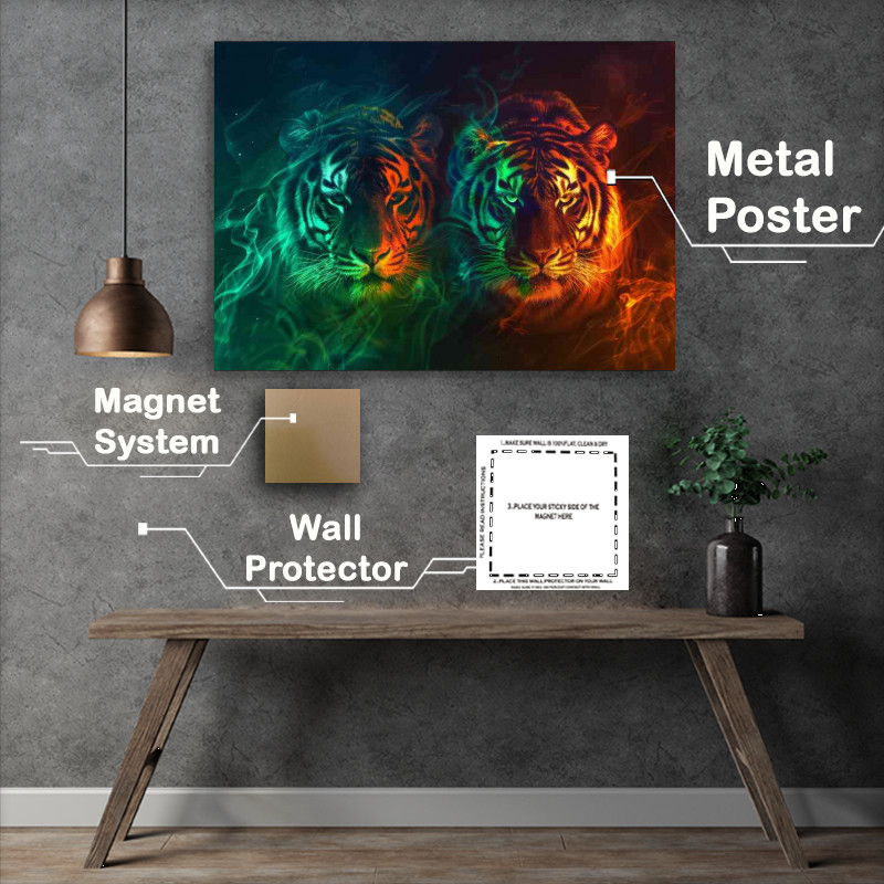 Buy Metal Poster : (Two tigers in fire and green are standing)
