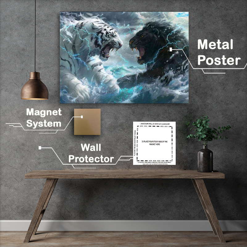 Buy Metal Poster : (White Tiger and black Lion Lightning)