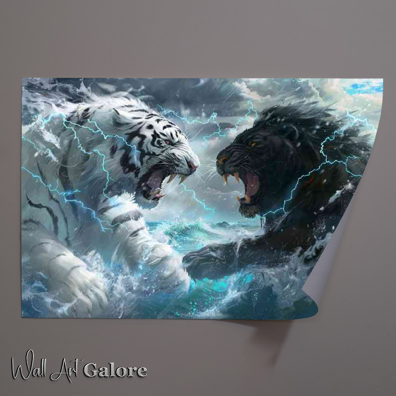 Buy Unframed Poster : (White Tiger and black Lion Lightning)