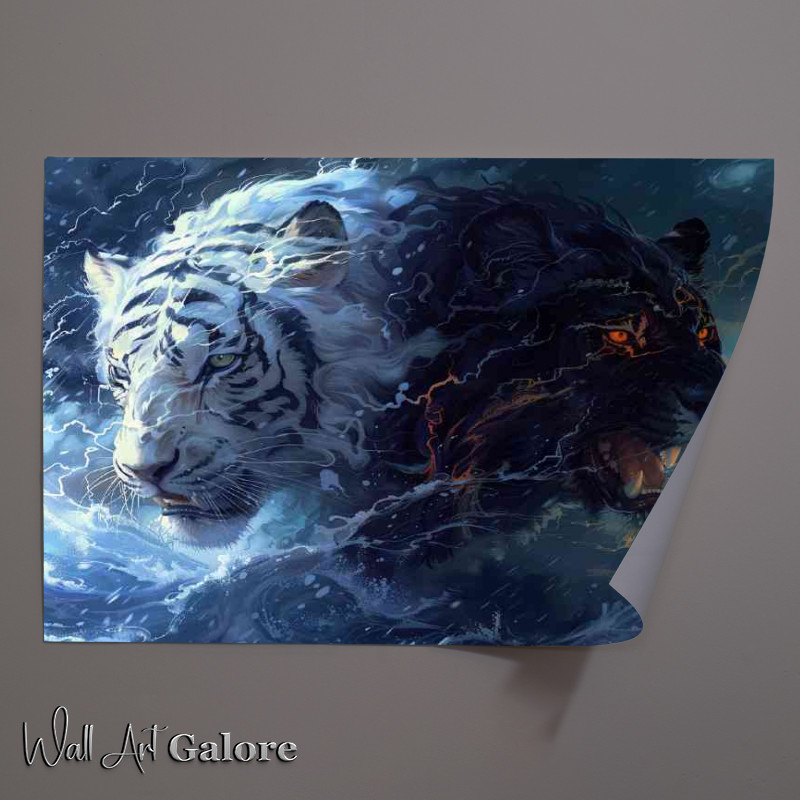 Buy Unframed Poster : (White Tiger and black Lion fierce storm)