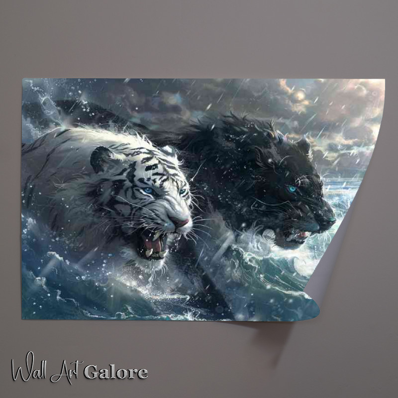 Buy Unframed Poster : (White Tiger and black Lion in water)