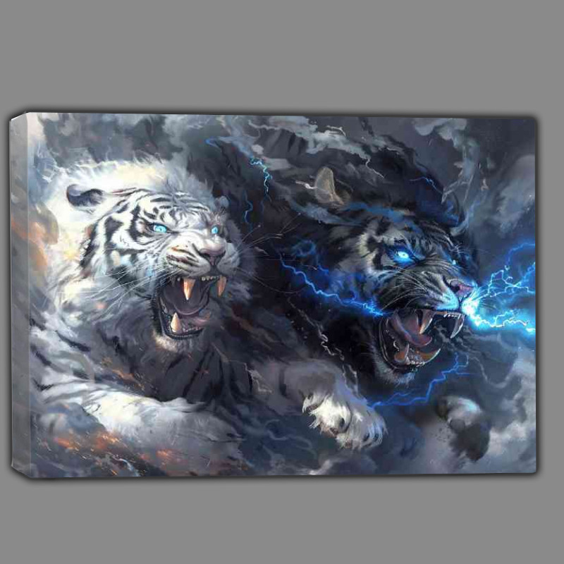 Buy Canvas : (White Tiger and black Lion roaring)