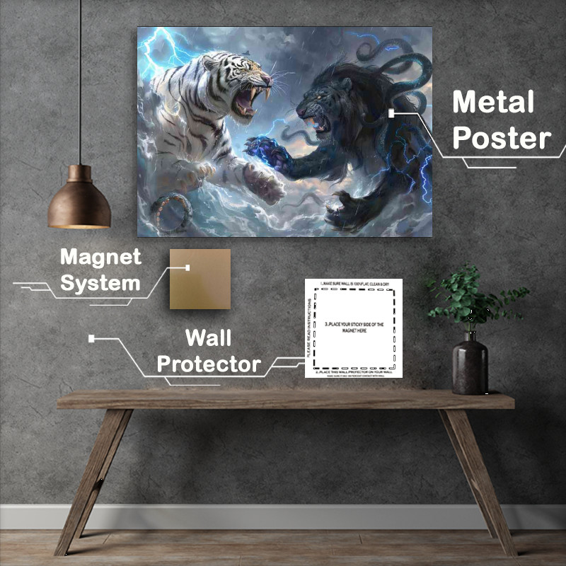 Buy Metal Poster : (White Tiger and black Lionroaring blue lightning)