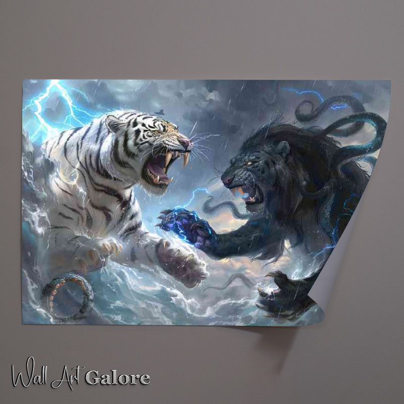 Buy Unframed Poster : (White Tiger and black Lionroaring blue lightning)