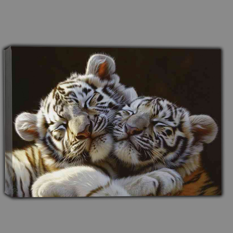 Buy Canvas : (White Tiger cubs cuddling together in the sun)