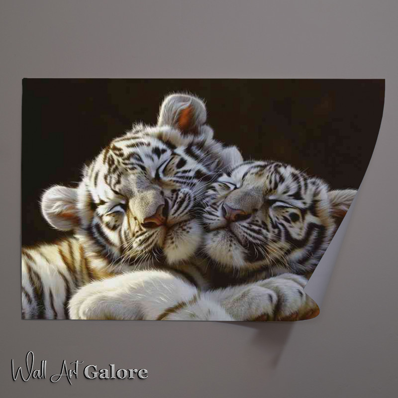 Buy Unframed Poster : (White Tiger cubs cuddling together in the sun)