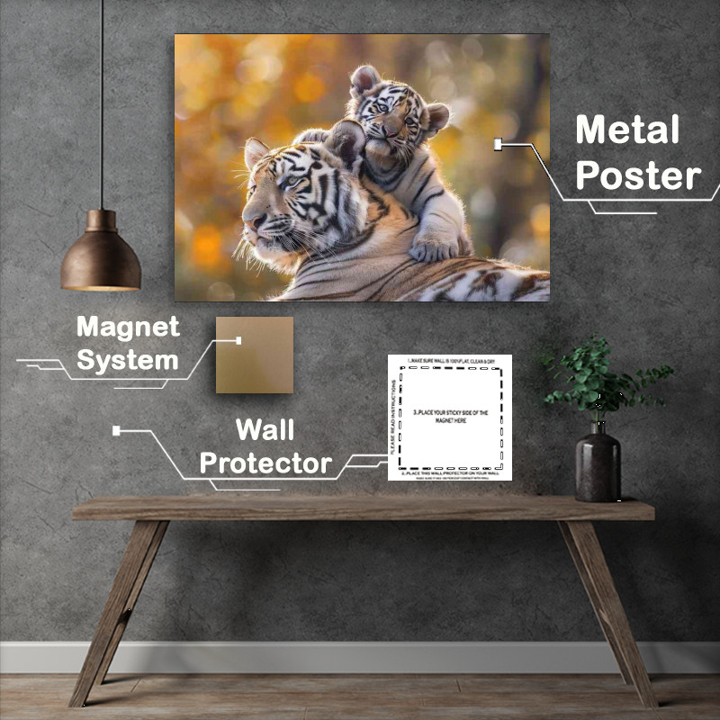 Buy Metal Poster : (White Tiger cubs sitting on a big tigers shoulders)