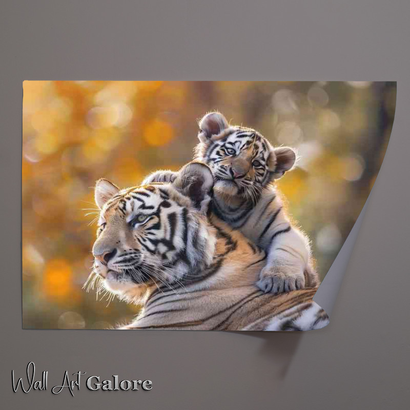 Buy Unframed Poster : (White Tiger cubs sitting on a big tigers shoulders)