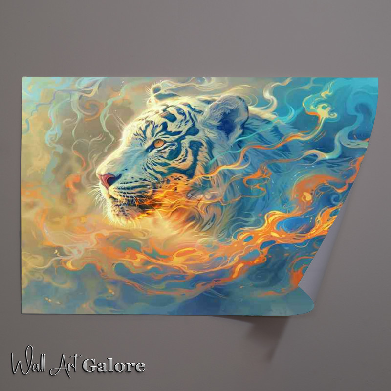 Buy Unframed Poster : (White Tiger with flames fire and steam)