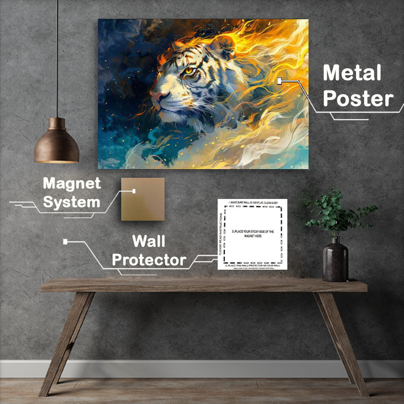 Buy Metal Poster : (White Tigers head with blue and yellow flames)
