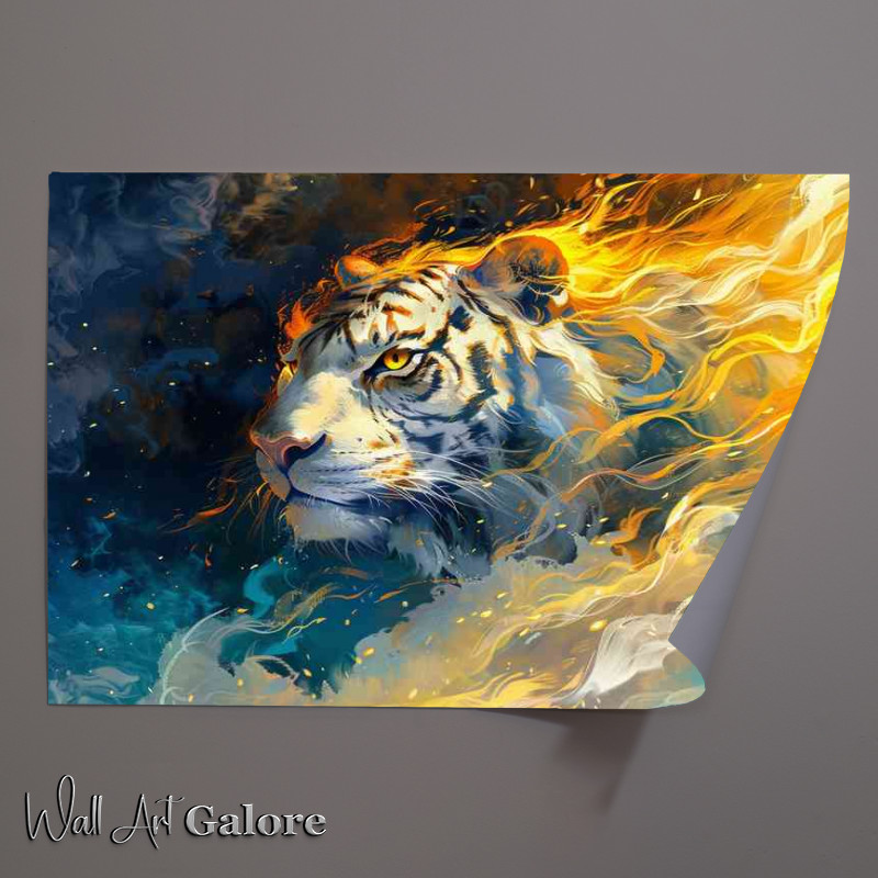 Buy Unframed Poster : (White Tigers head with blue and yellow flames)