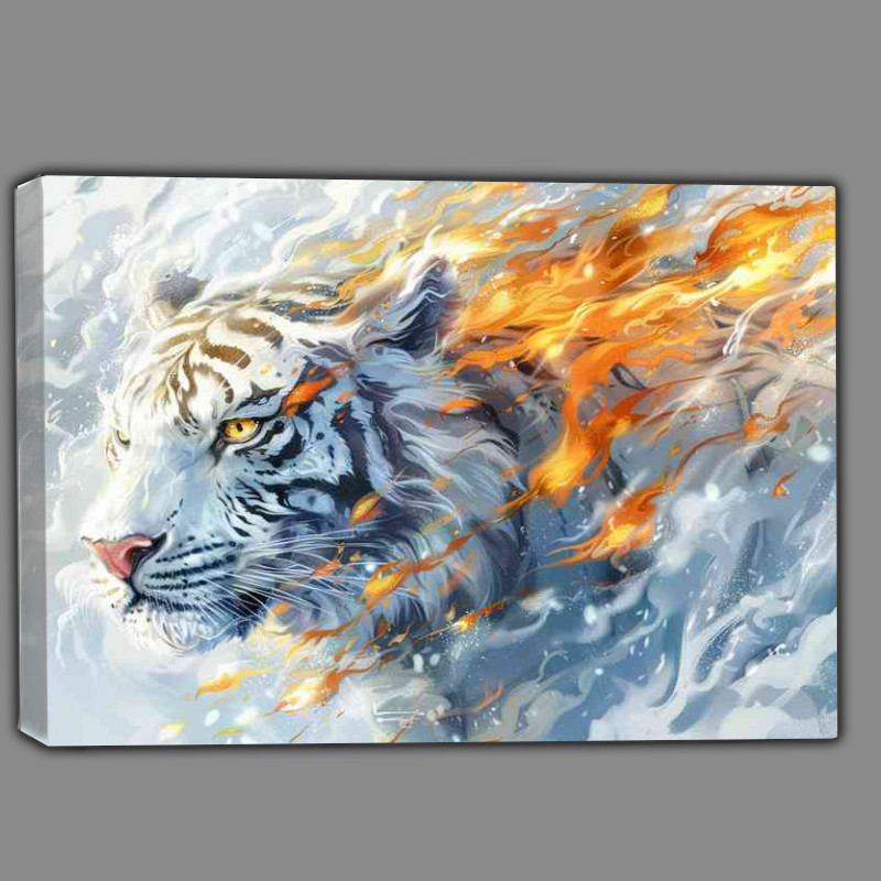 Buy Canvas : (White tiger with flames fire and clouds in the sky)
