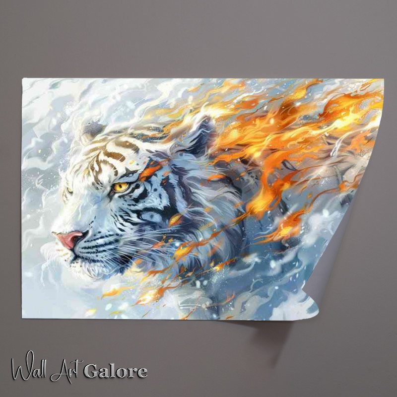 Buy Unframed Poster : (White tiger with flames fire and clouds in the sky)