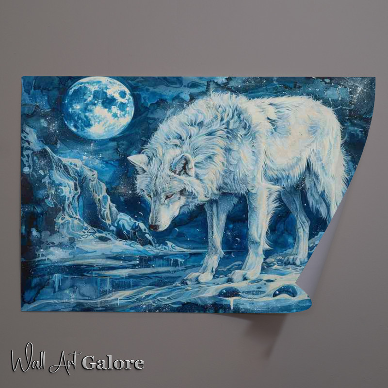 Buy Unframed Poster : (White wolf standing in front of the moon and light)