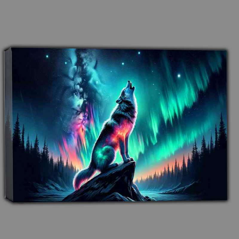 Buy Canvas : (Wolf its fur a vibrant display of auroras and celestial bodies)