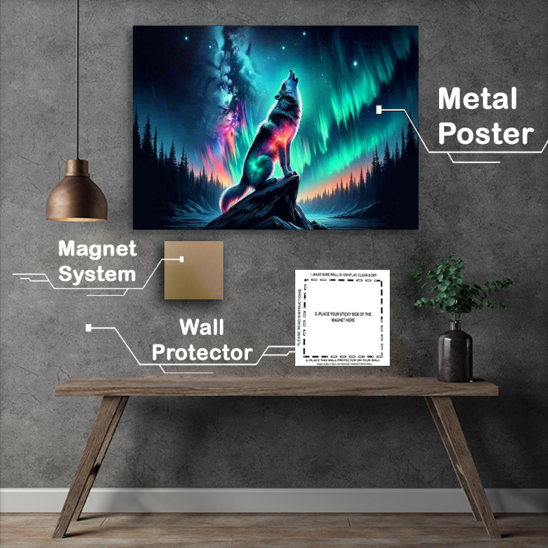 Buy Metal Poster : (Wolf its fur a vibrant display of auroras and celestial bodies)