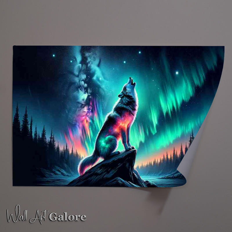 Buy Unframed Poster : (Wolf its fur a vibrant display of auroras and celestial bodies)