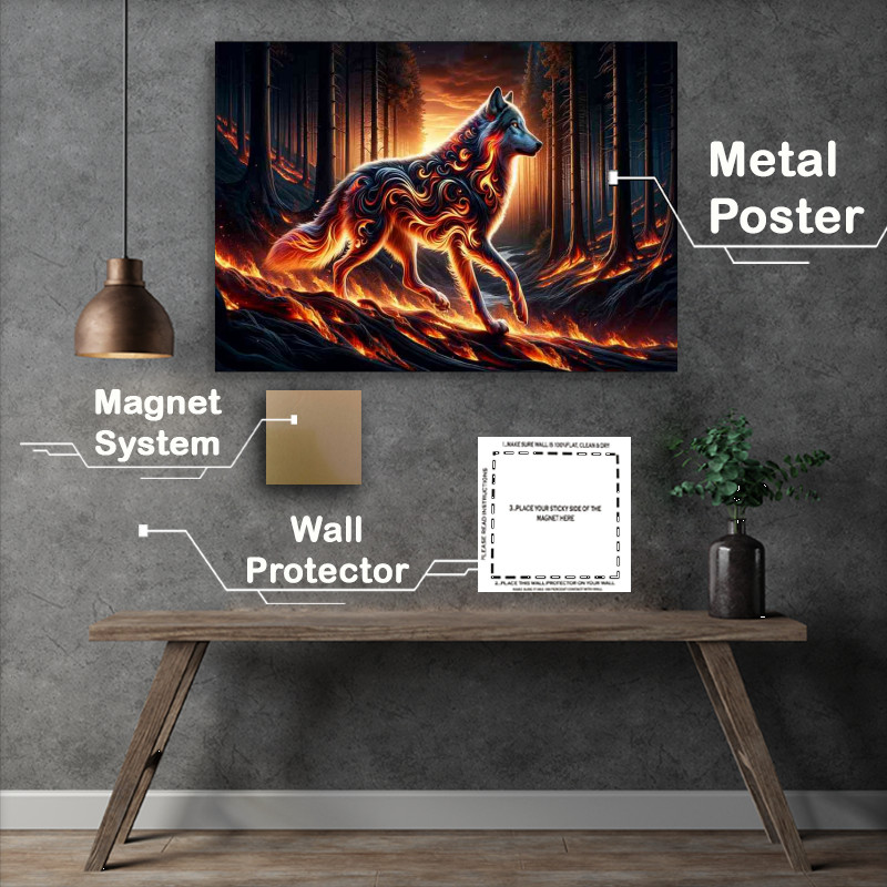 Buy Metal Poster : (Wolf its fur patterned with swirling flames)