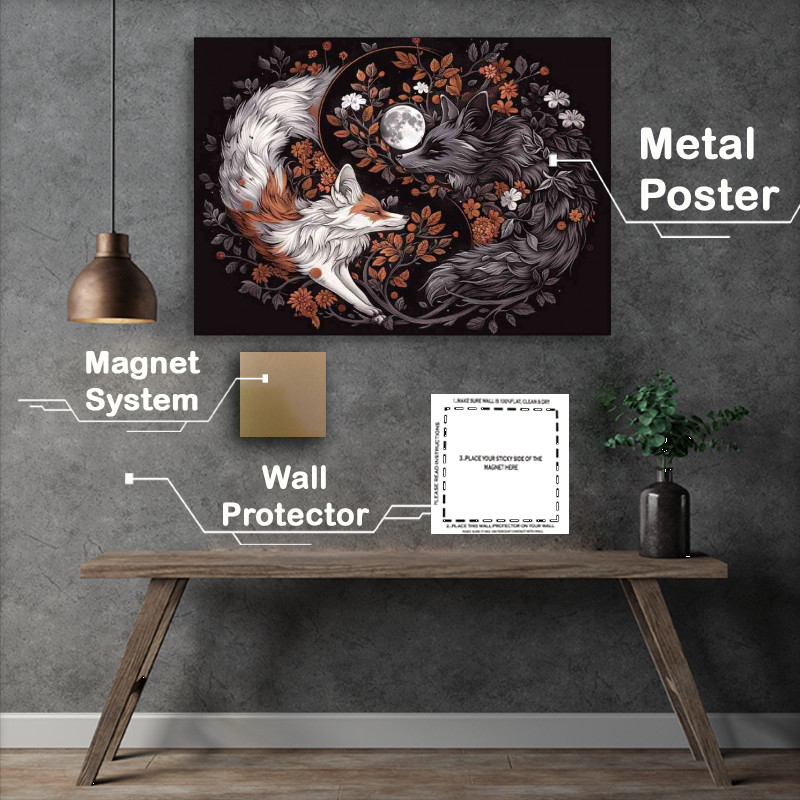 Buy Metal Poster : (Yin yang with two Foxes one white and the other)