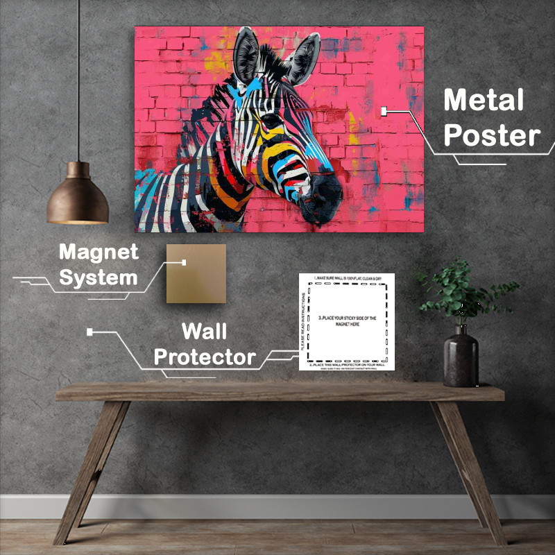 Buy Metal Poster : (Zebra head with a variety of colors and pink background)
