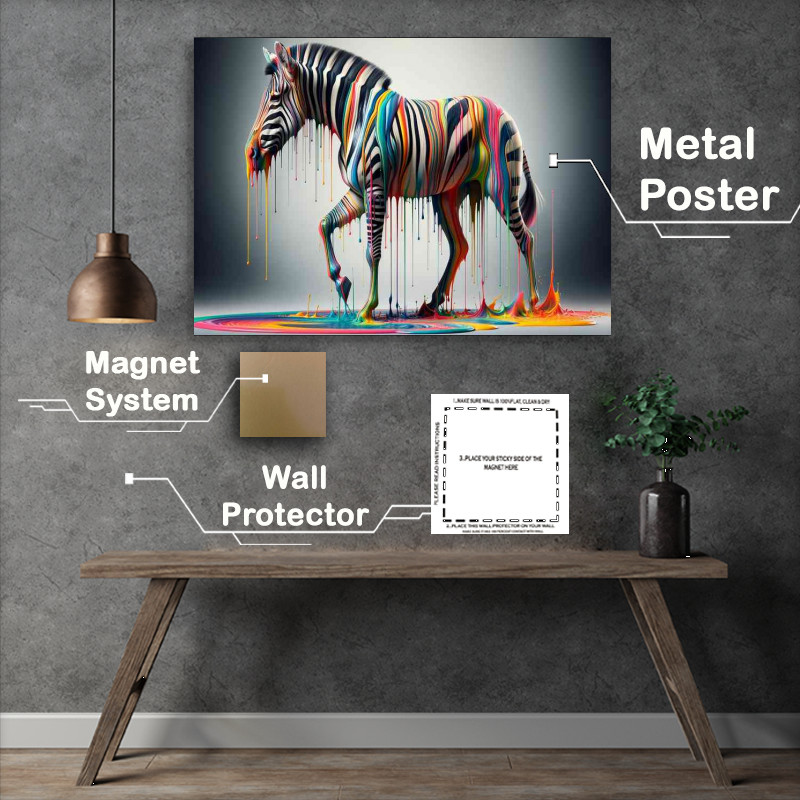 Buy Metal Poster : (Zebra with vibrant dripping stripes in an array of colors)