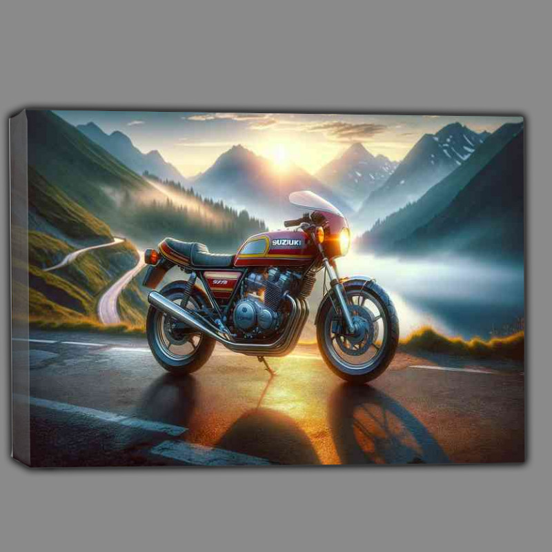 Buy Canvas : (Suzuki 2 stroke motorcycle from the 1980s on the mountain road)
