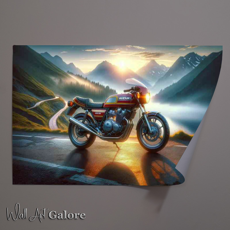 Buy Unframed Poster : (Suzuki 2 stroke motorcycle from the 1980s on the mountain road)