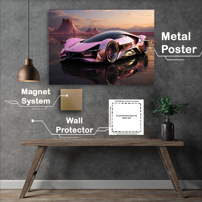Buy Metal Poster : (A futuristic car in pink in the desert)
