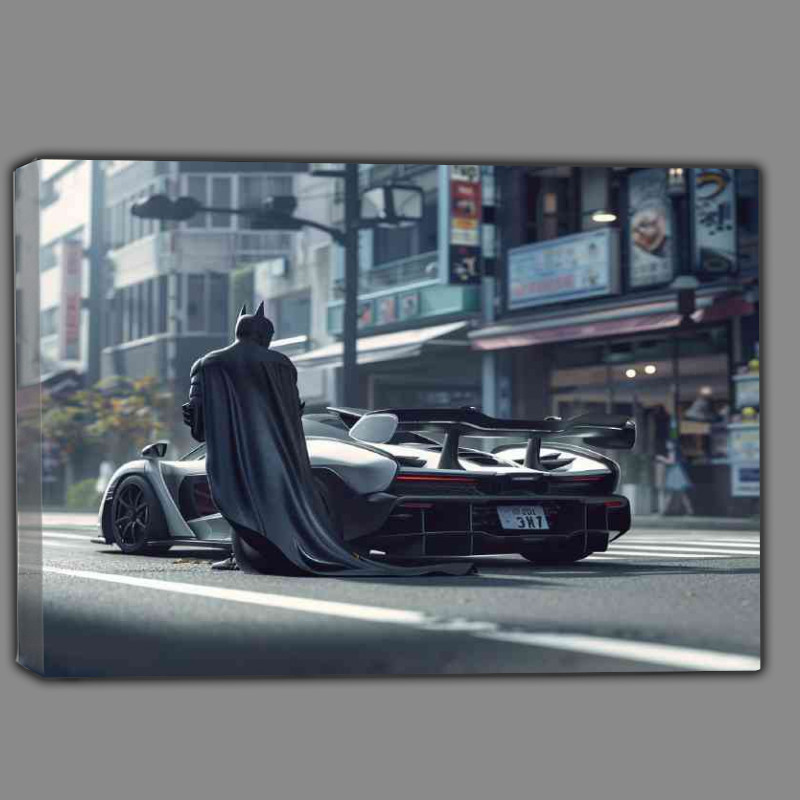 Buy Canvas : (Batman in the city stands next to his supercar silver)