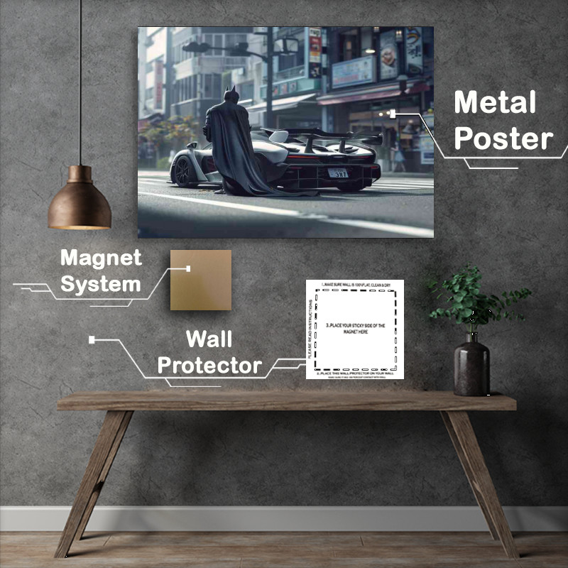 Buy Metal Poster : (Batman in the city stands next to his supercar silver)