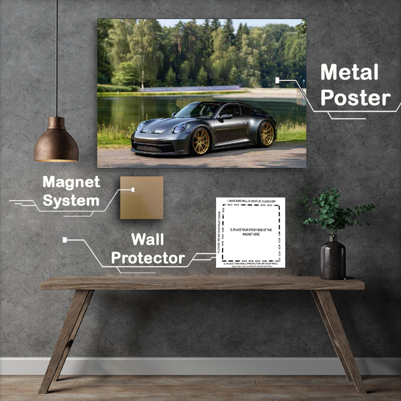 Buy Metal Poster : (Black and grey widebody Porsche with a gloss finish)
