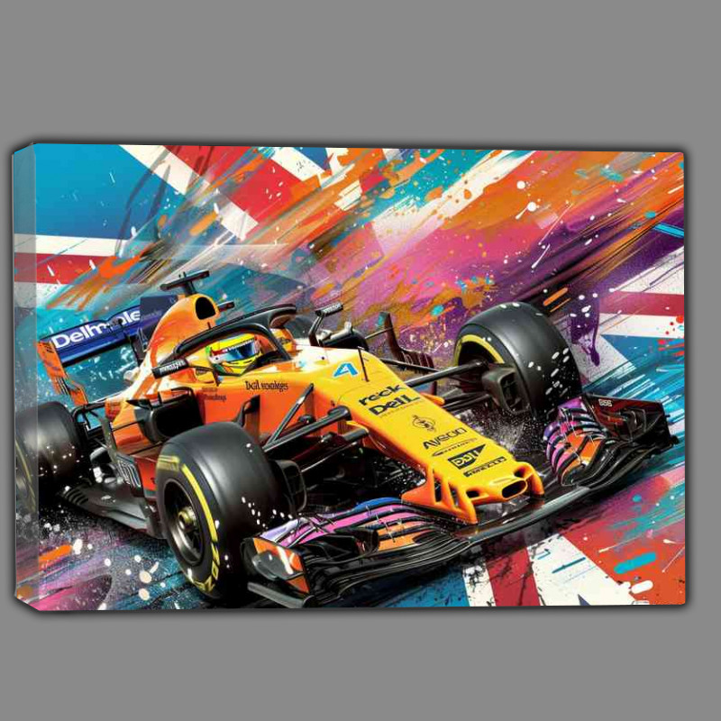 Buy Canvas : (Black and orange formula one car with flag)