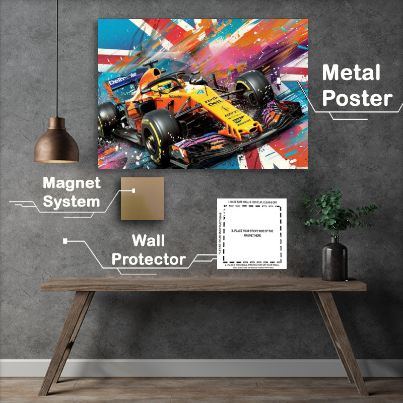 Buy Metal Poster : (Black and orange formula one car with flag)