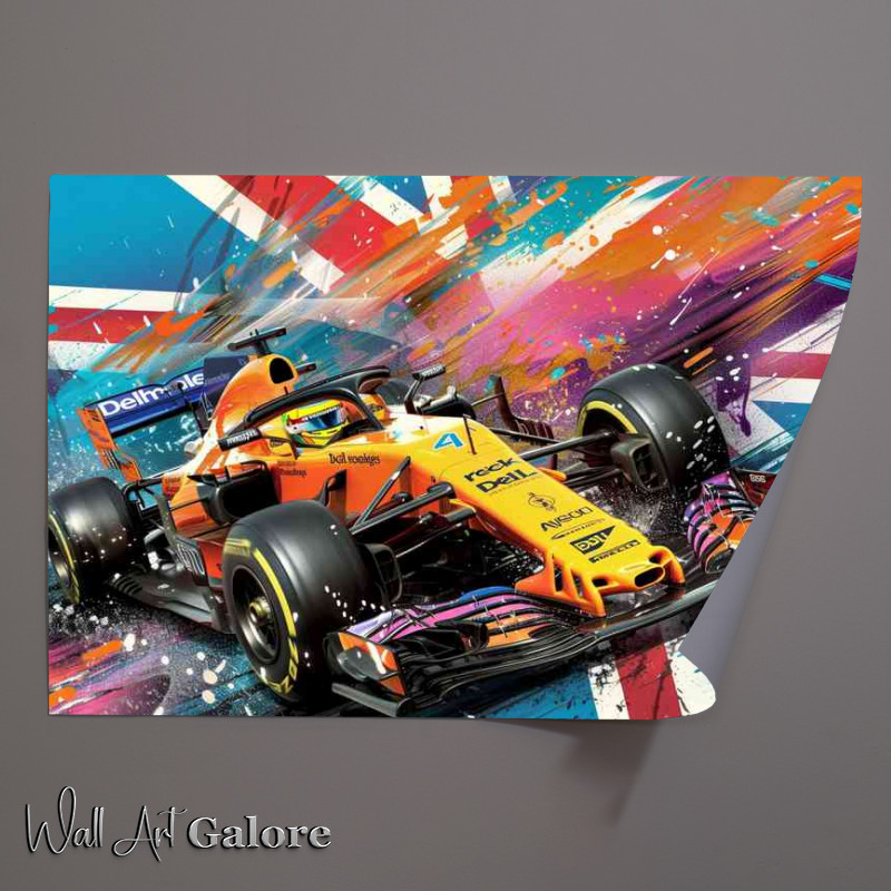 Buy Unframed Poster : (Black and orange formula one car with flag)