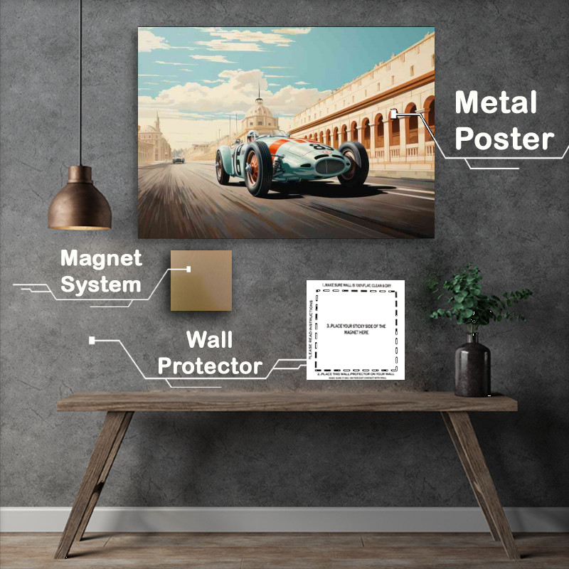 Buy Metal Poster : (Blue vintage race car on track)