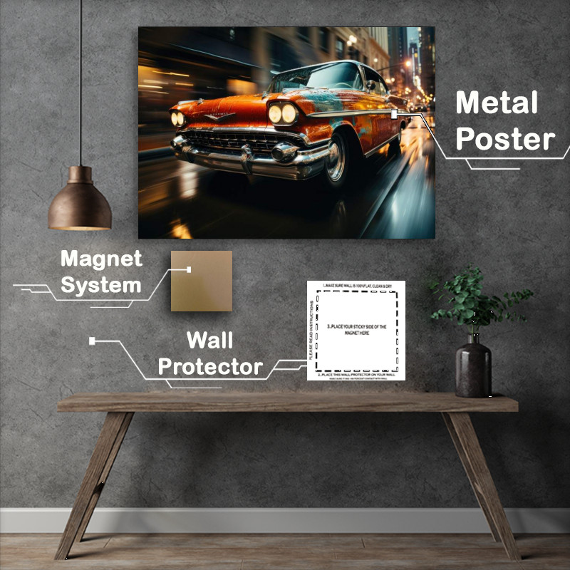 Buy Metal Poster : (Colourful Cadilac on the road)