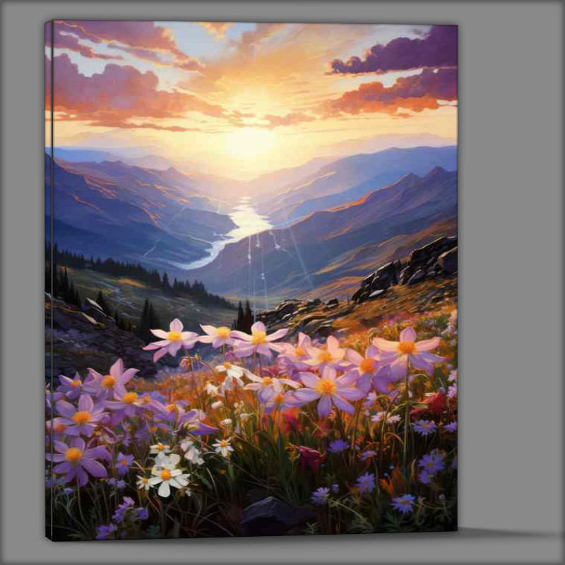 Buy Canvas : (Wild columbines bloom in the mountains at sunrise)